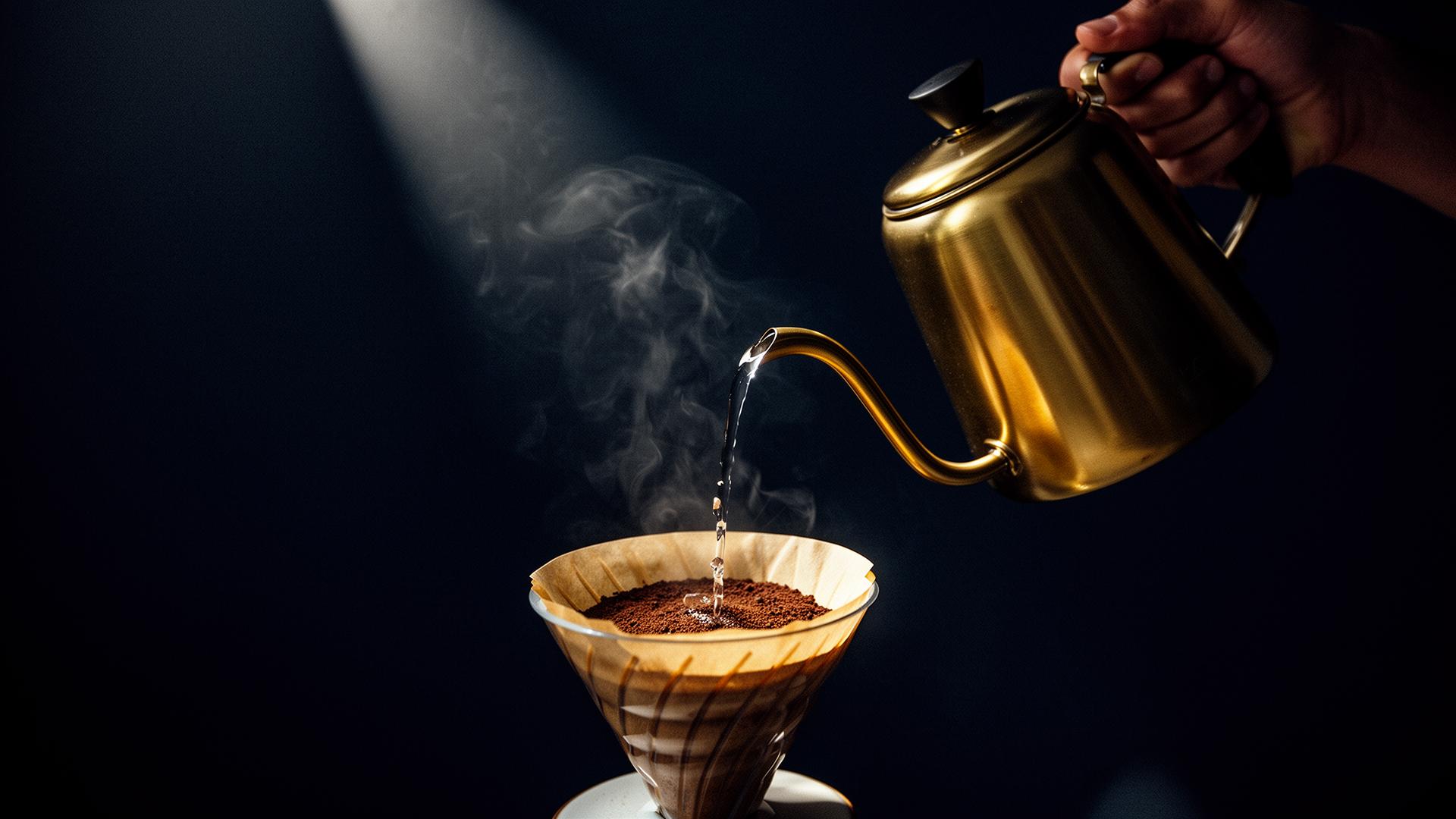 Brass gooseneck kettle pouring over freshly ground Indonesian coffee